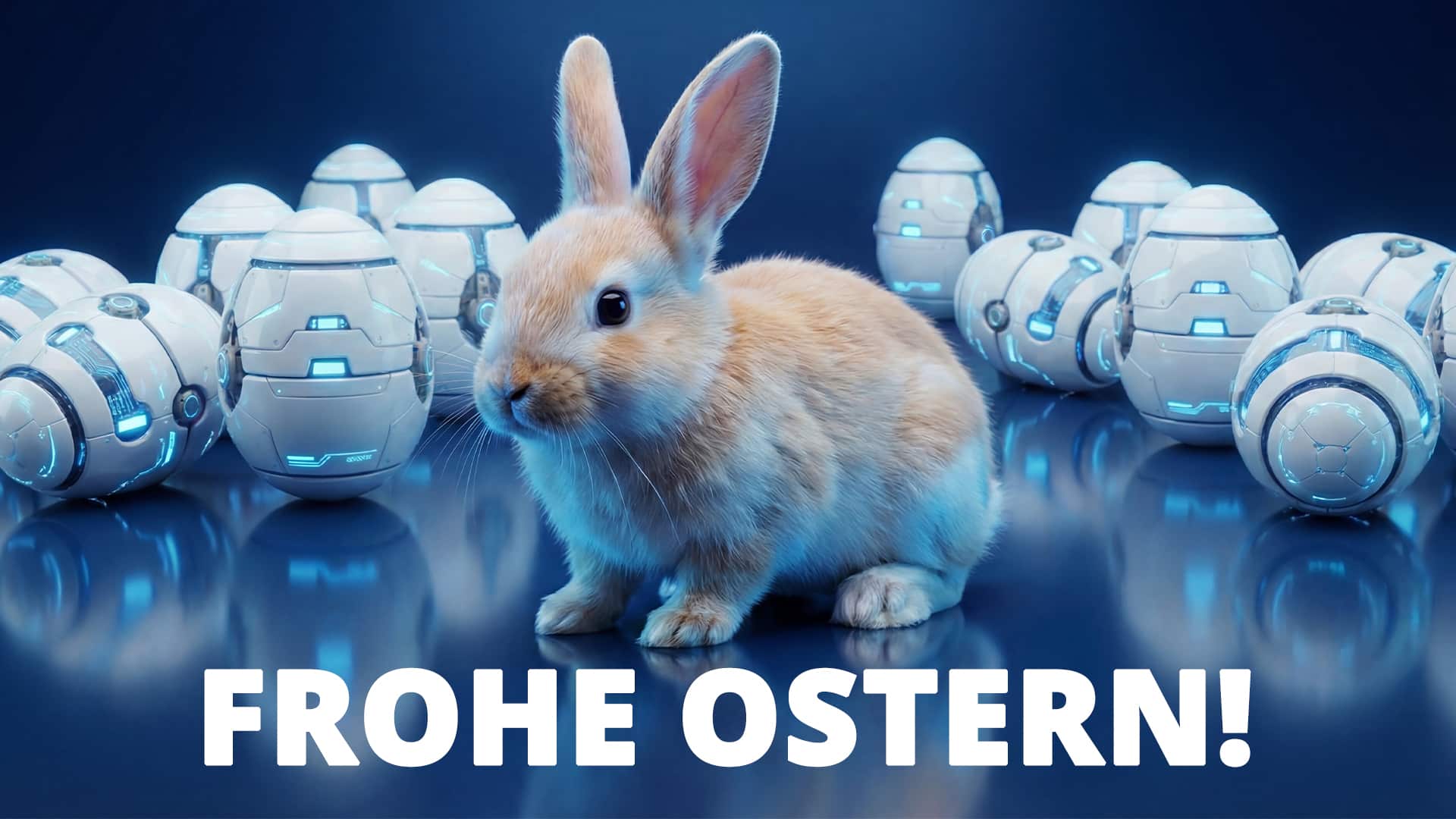 Osterhase umringt von technisch robotischen Ostereiern