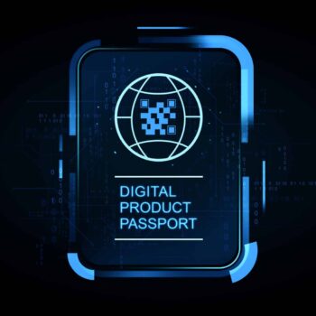 Digital product passport futuristic interface with QR globe icon on glowing screen in cyber style concept on dark background. 3D Rendering Digitaler Produktpass